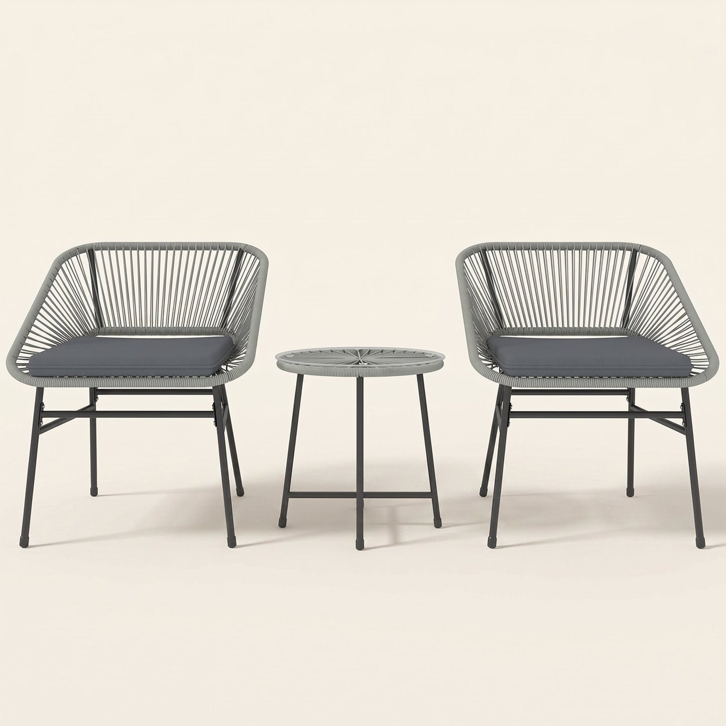 ARVOYA 3 Pieces Garden Rattan Bistro Set with Chairs, Glass Top Table & Cushions, Light Grey