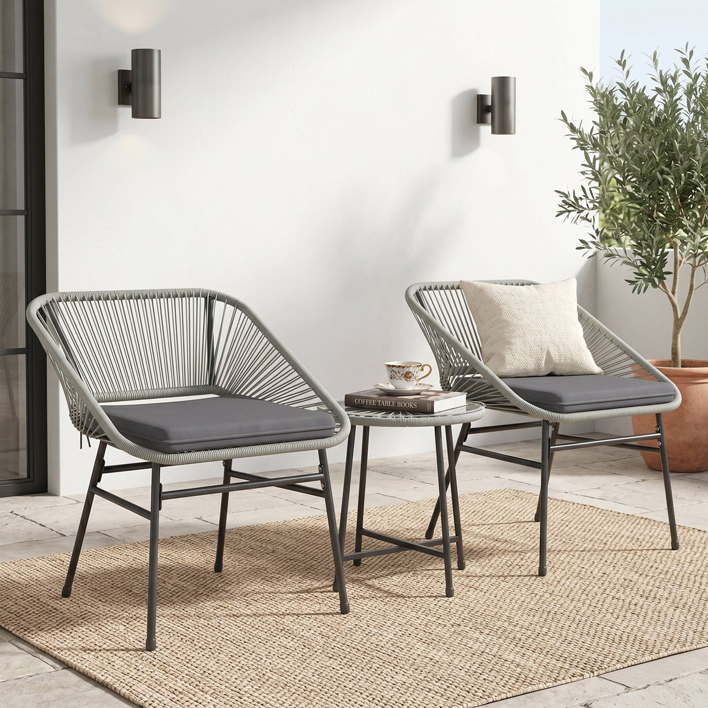 ARVOYA 3 Pieces Garden Rattan Bistro Set with Chairs, Glass Top Table & Cushions, Light Grey