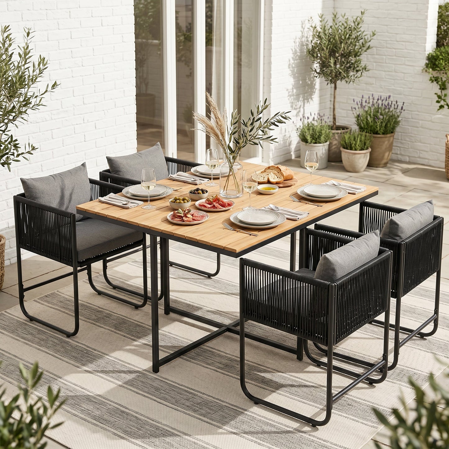 ARVOYA 4 Seater Rattan Garden Furniture Set with Armchairs, Cushions & Wood Grain Top Table, Black