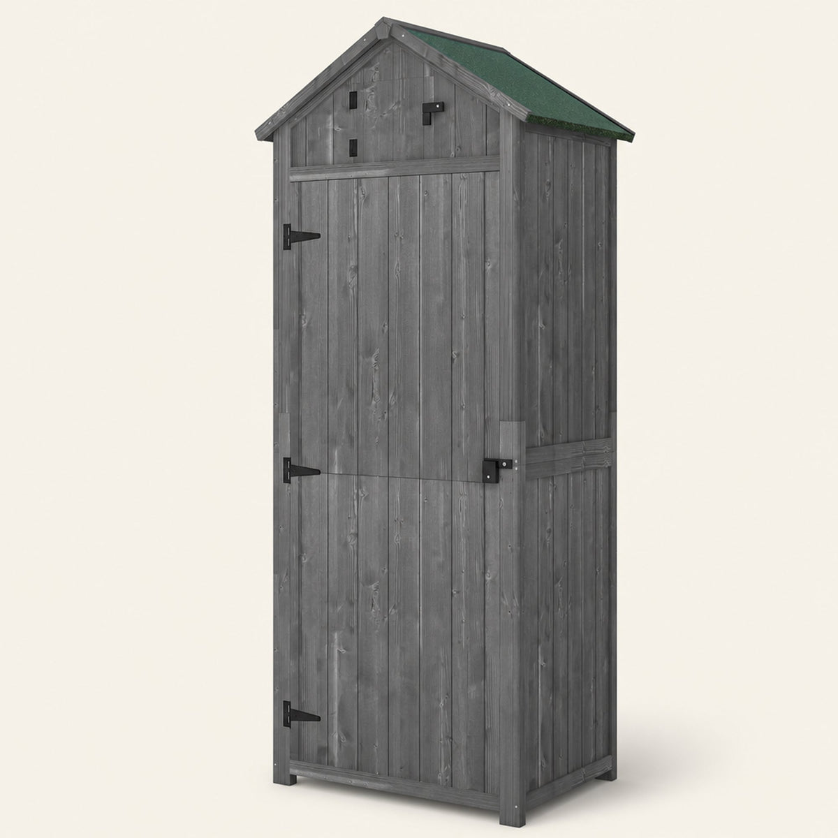 ROWAN Wooden Storage Cabinet w/ Shelves, Tilt Roof & Lockable Double Doors, Grey
