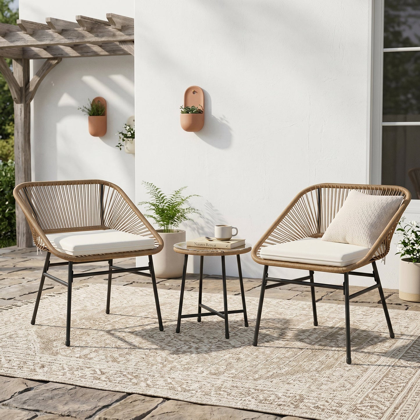 ARVOYA 3 Pieces Garden Rattan Bistro Set with Chairs, Glass Top Table & Cushions, Natural