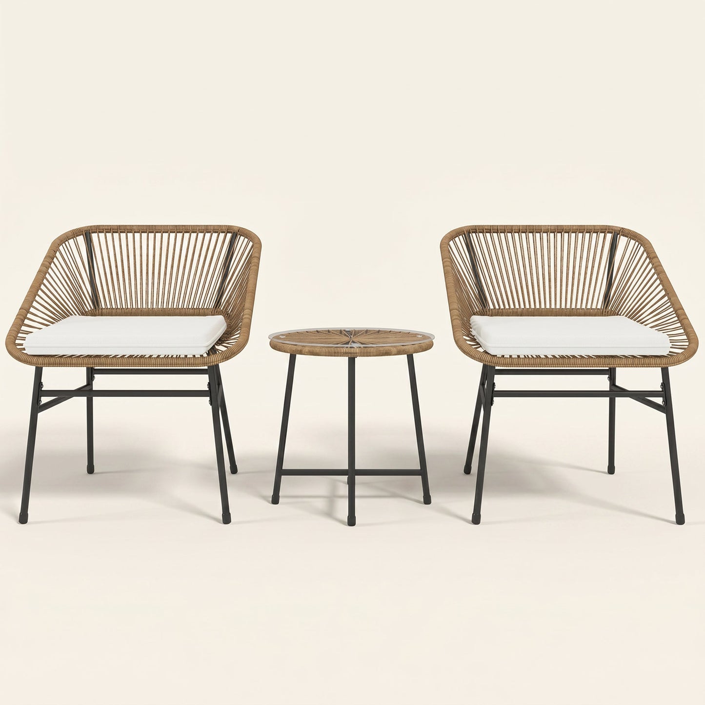 ARVOYA 3 Pieces Garden Rattan Bistro Set with Chairs, Glass Top Table & Cushions, Natural