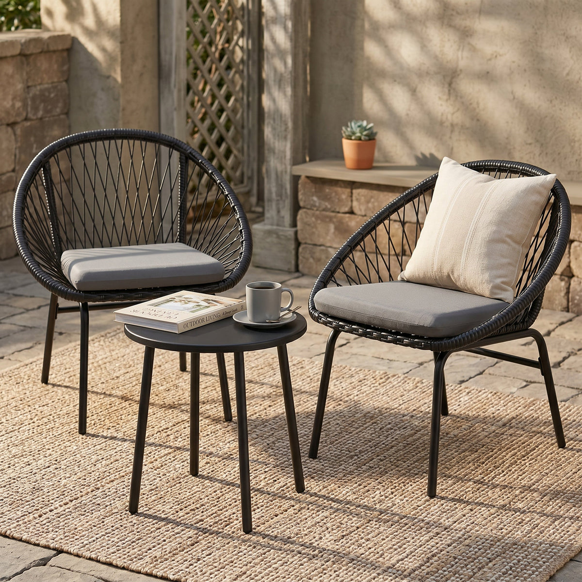 ARVOYA 3 Pieces Garden Rattan Bistro Set with Chairs, Round Coffee Table & Cushions, Black
