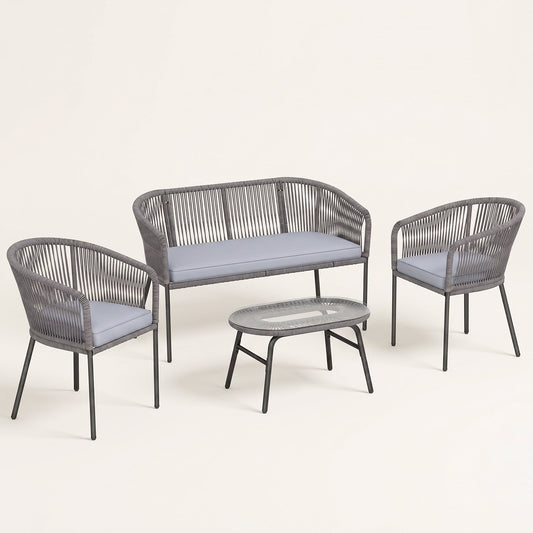 ARVOYA 4-Piece Rope Sofa Set with Loveseat, 2 Chairs & Tempered Glass Table, Dark Grey