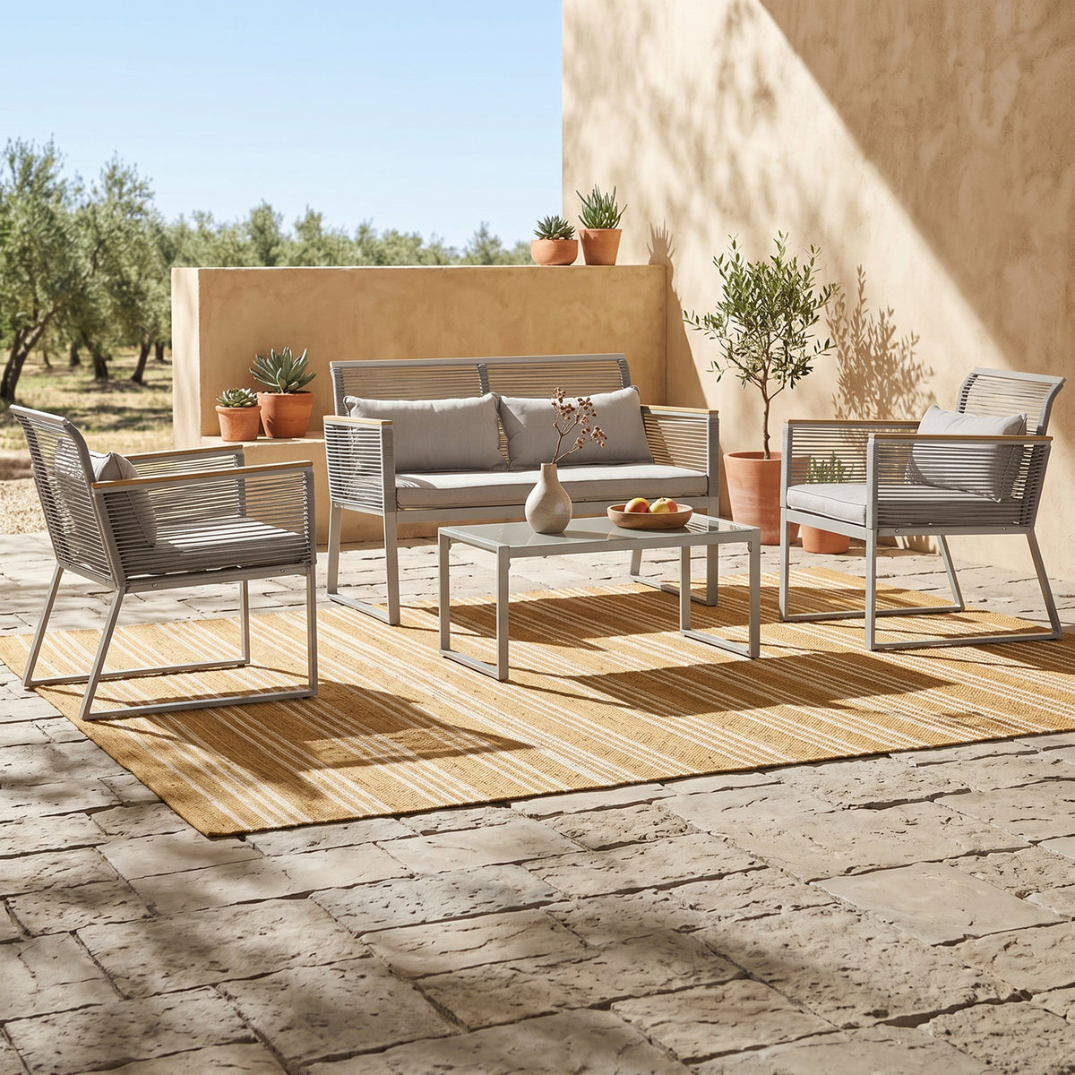 ARVOYA 4 Piece Rattan Garden Furniture Set with Cushions & Glass Top Table, Grey