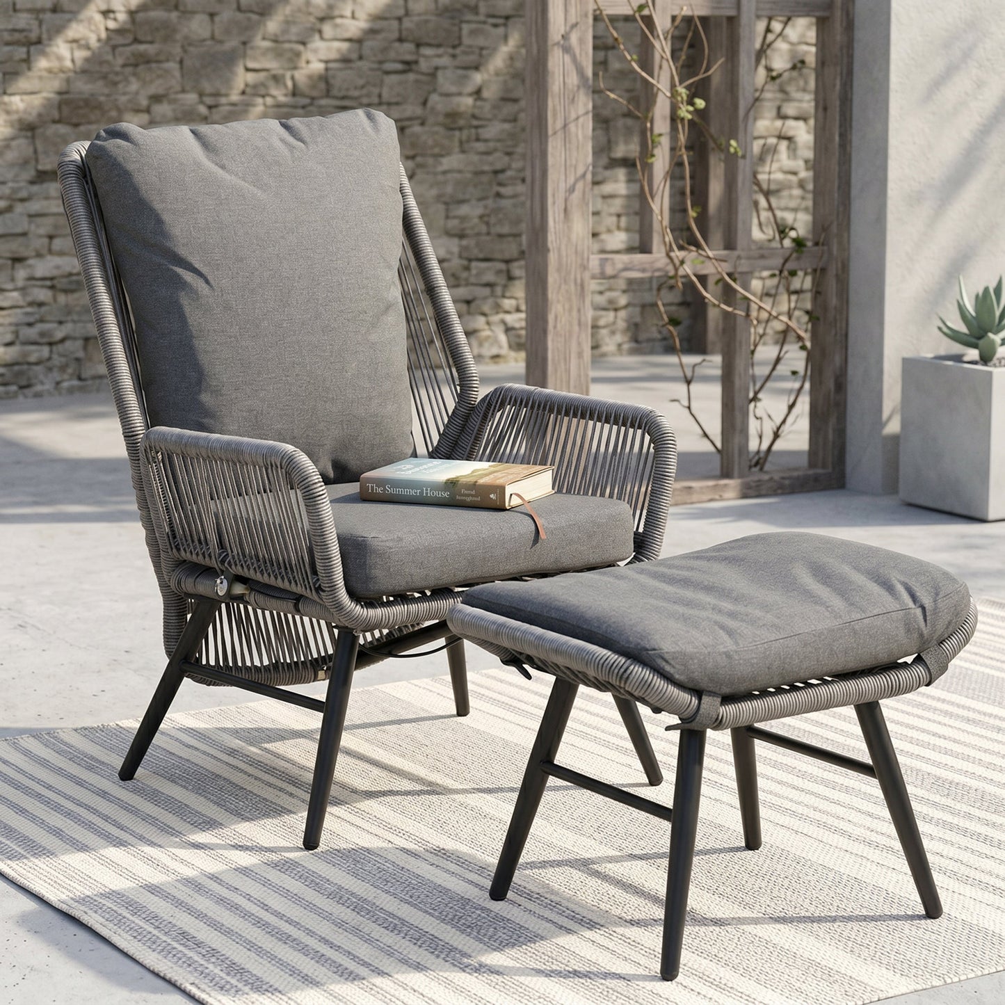 ARVOYA 2 Pieces PE Rattan Garden Leisure Chair Set w/ Adjustable Backrest & Footrest, Light Grey