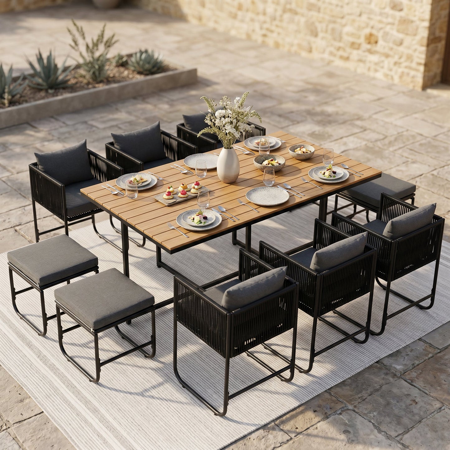 ARVOYA 10 Seater Rattan Garden Furniture Set with 6 Armchairs, 4 Stools & Wood Grain Top Table, Black