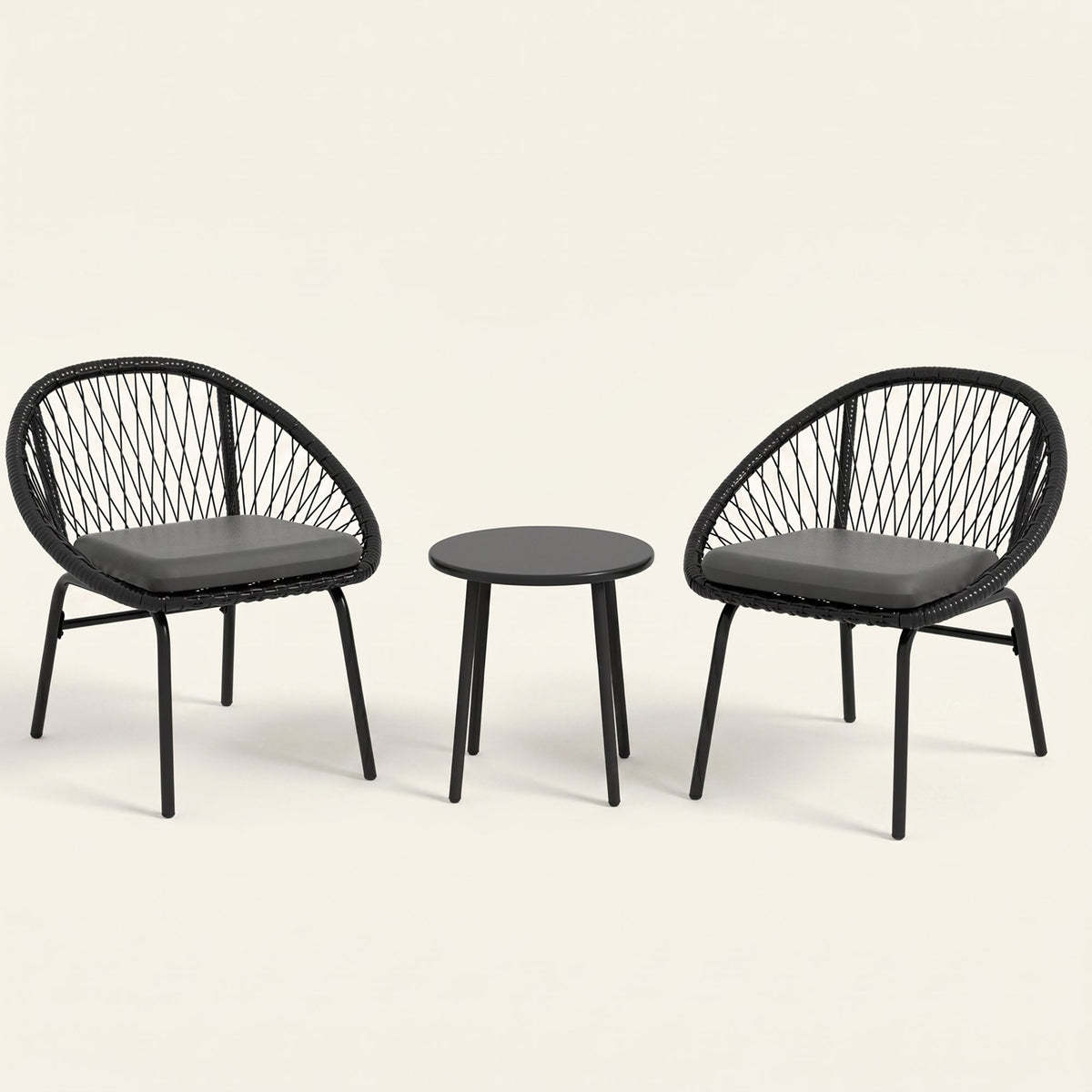 ARVOYA 3 Pieces Garden Rattan Bistro Set with Chairs, Round Coffee Table & Cushions, Black