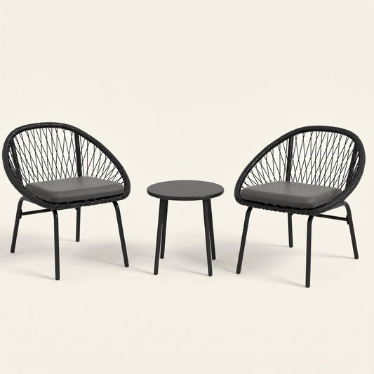 ARVOYA 3 Pieces Garden Rattan Bistro Set with Chairs, Round Coffee Table & Cushions, Black
