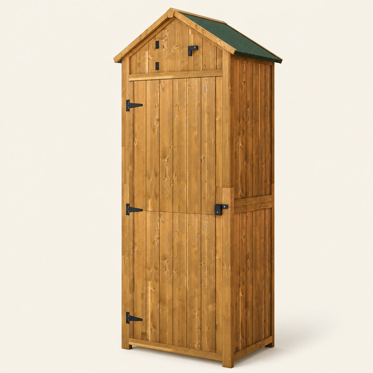 ROWAN Wooden Storage Cabinet w/ Shelves, Tilt Roof & Lockable Double Doors, Brown