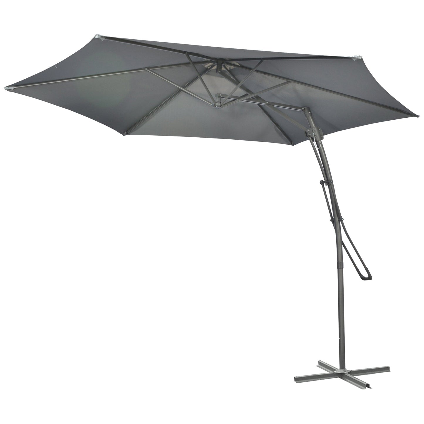 3m Cantilever Parasol with Easy Lever, Patio Umbrella with Crank Handle, Cross Base and 6 Metal Ribs, Outdoor Sun Shades for Garden, Grey