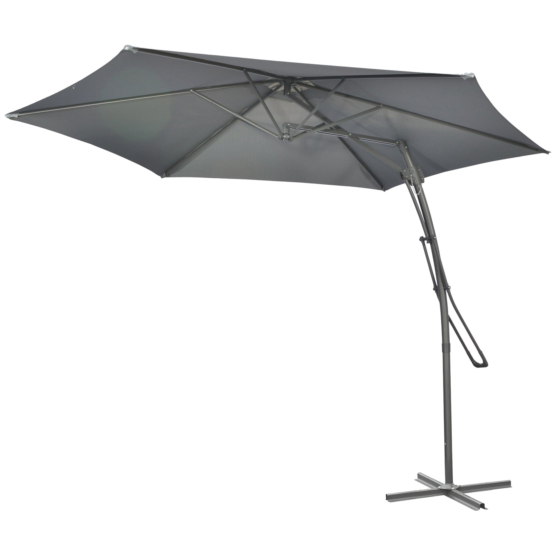 3m Cantilever Parasol with Easy Lever, Patio Umbrella with Crank Handle, Cross Base and 6 Metal Ribs, Outdoor Sun Shades for Garden, Grey