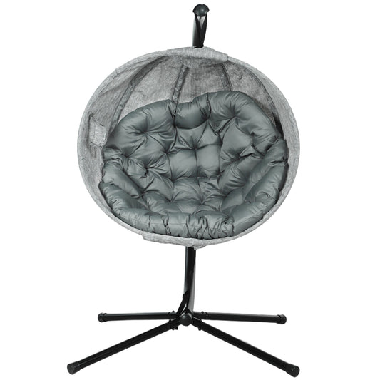 Hanging Egg Chair Outdoor Indoor Garden Swing Chair with Folding Basket, Garden Hanging Chair with Stand, Thickened Cushion, Cup Holder for Patio, Balcony, Grey
