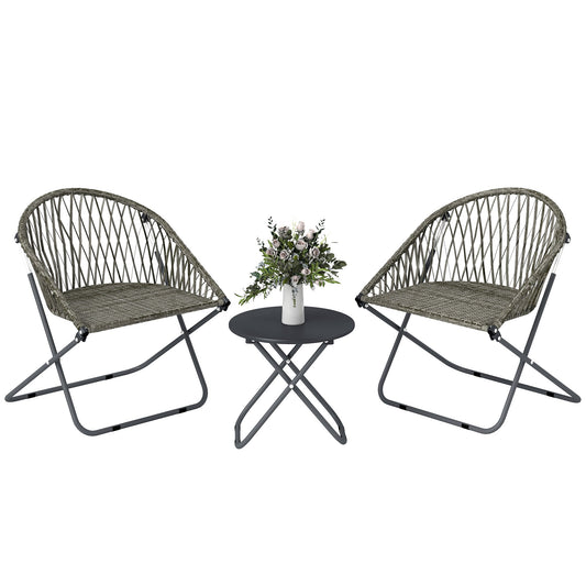 3 Pieces Patio Bistro Set, Folding Garden Furniture Set for 2 with Metal Top Coffee Table and Rattan Chairs for Outdoor, Balcony, Grey