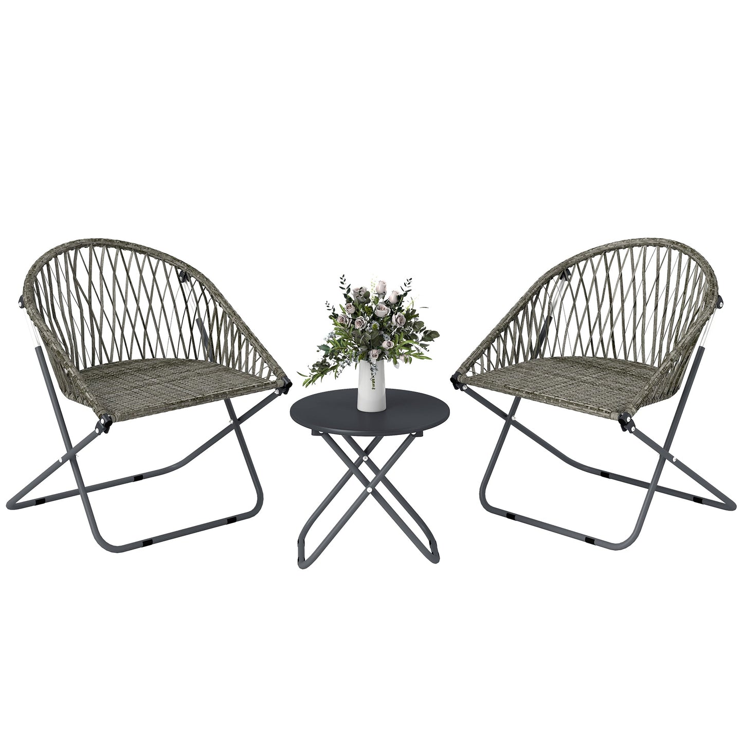 3 Pieces Patio Bistro Set, Folding Garden Furniture Set for 2 with Metal Top Coffee Table and Rattan Chairs for Outdoor, Balcony, Grey