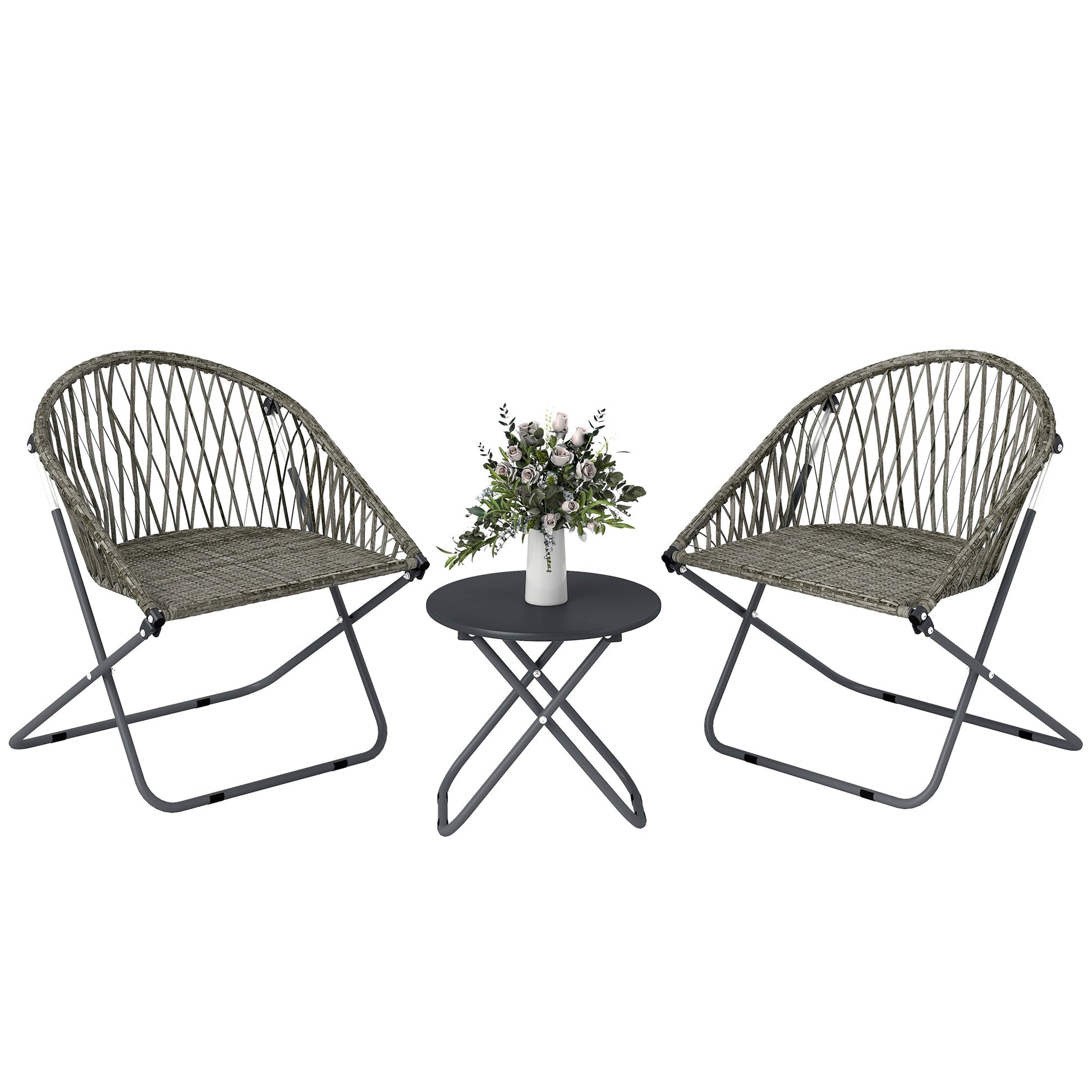 3 Pieces Patio Bistro Set, Folding Garden Furniture Set for 2 with Metal Top Coffee Table and Rattan Chairs for Outdoor, Balcony, Grey