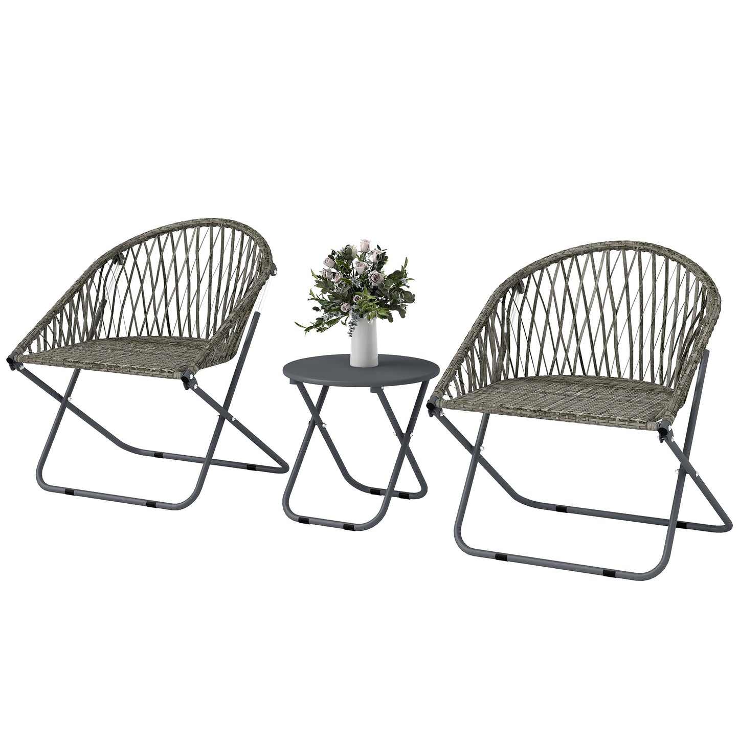 3 Pieces Patio Bistro Set, Folding Garden Furniture Set for 2 with Metal Top Coffee Table and Rattan Chairs for Outdoor, Balcony, Grey