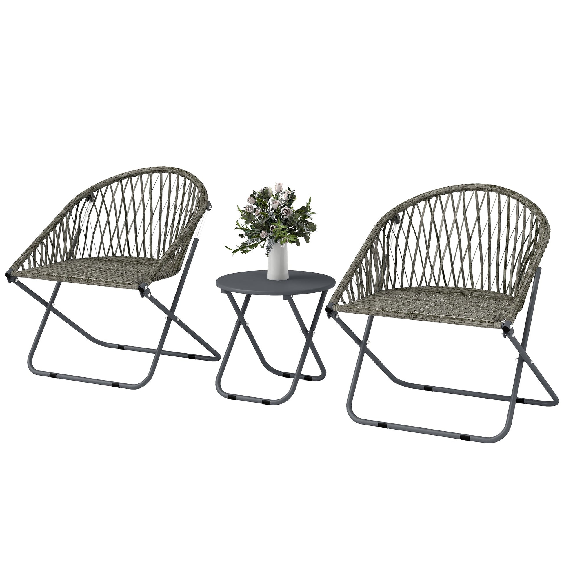 3 Pieces Patio Bistro Set, Folding Garden Furniture Set for 2 with Metal Top Coffee Table and Rattan Chairs for Outdoor, Balcony, Grey