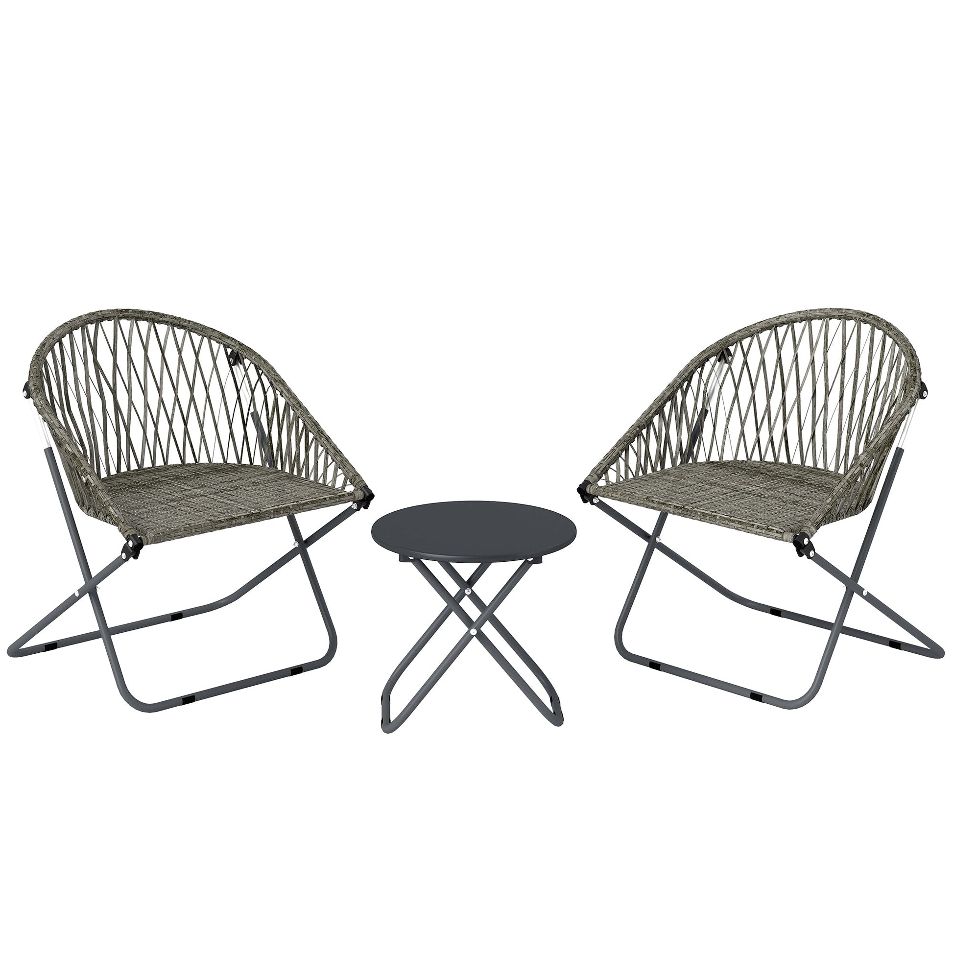 3 Pieces Patio Bistro Set, Folding Garden Furniture Set for 2 with Metal Top Coffee Table and Rattan Chairs for Outdoor, Balcony, Grey