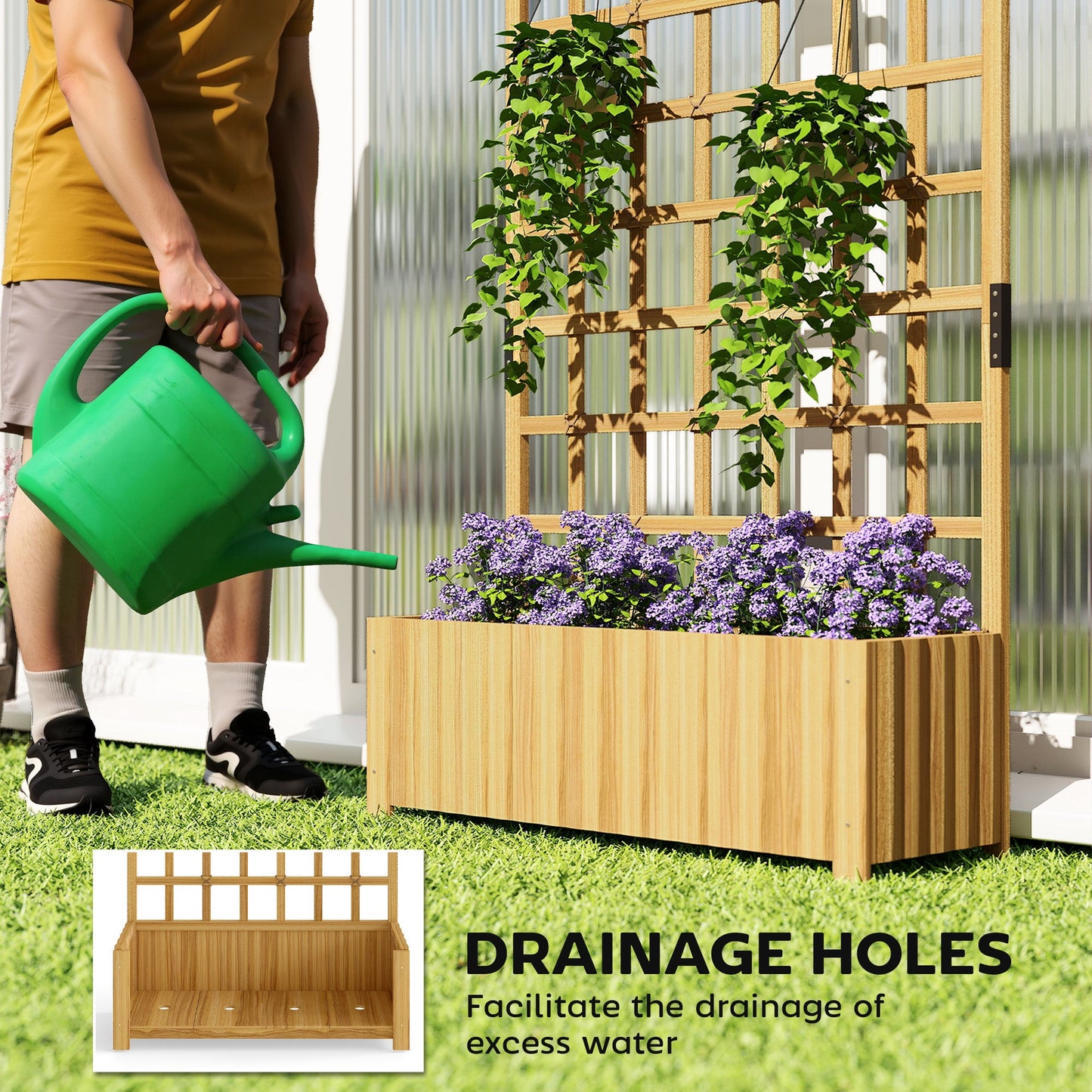 Wooden Raised Planter with Trellis, Raised Bed for Garden with Lattice and Drainage Holes for Climbing Plants, Outdoor Elevated Planter Box for Vegetables Flowers Herbs, 90 x 30 x 180 cm