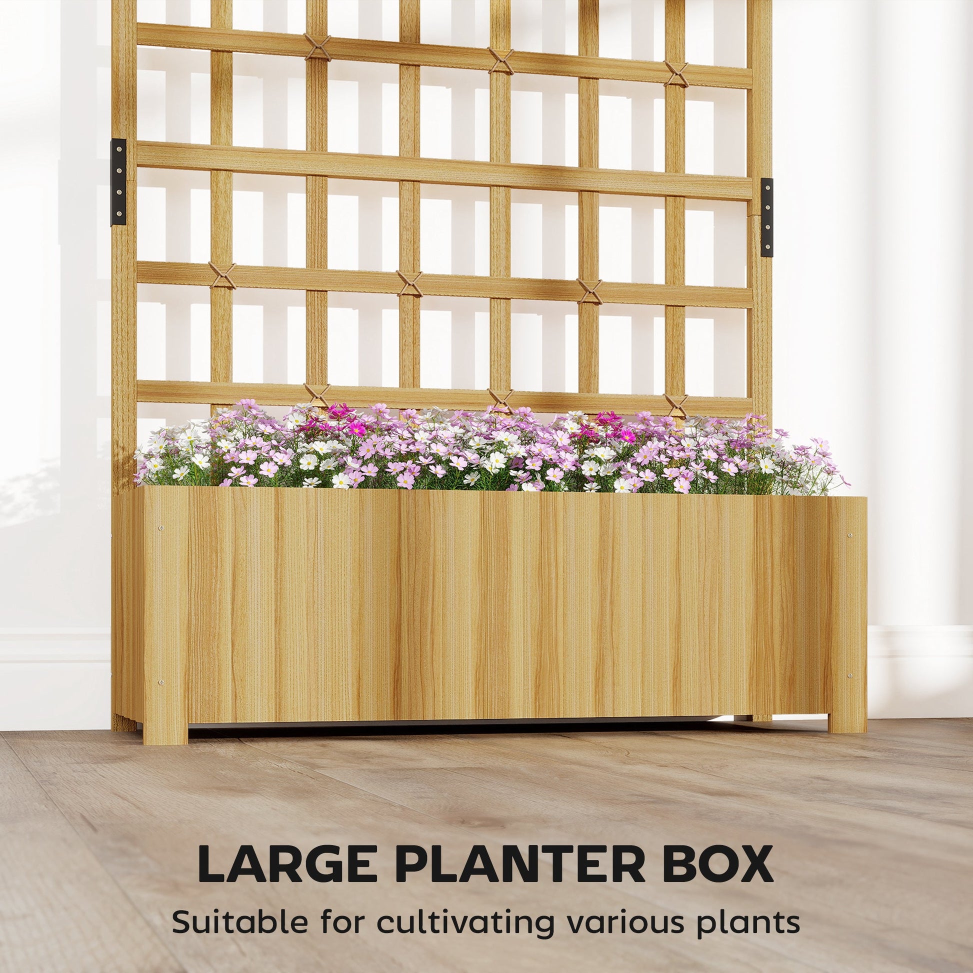 Wooden Raised Planter with Trellis, Raised Bed for Garden with Lattice and Drainage Holes for Climbing Plants, Outdoor Elevated Planter Box for Vegetables Flowers Herbs, 90 x 30 x 180 cm