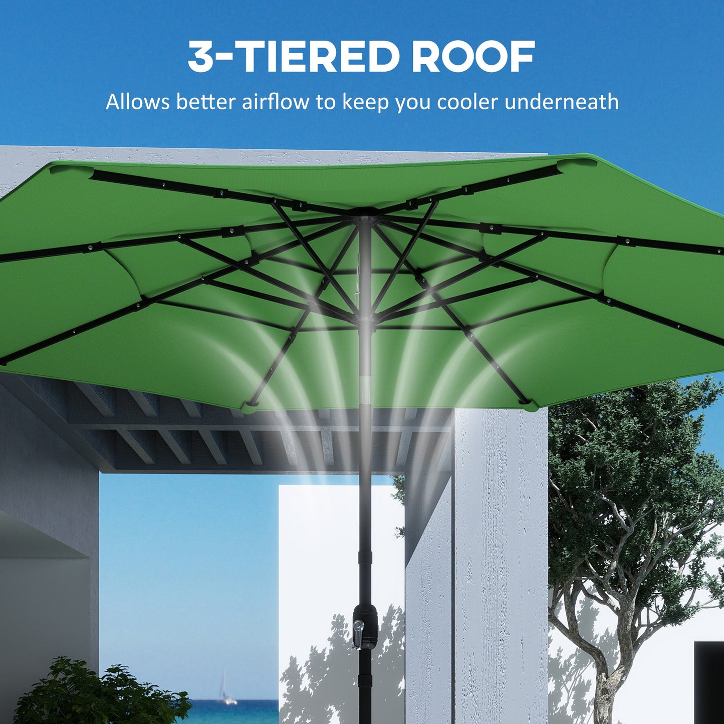 3 m Garden Parasol, Parasol Umbrella with 3-tier Roof, Crank Handle, Tilt Function, Polyester Canopy, Outdoor Table Umbrella for Patio, Garden, Green