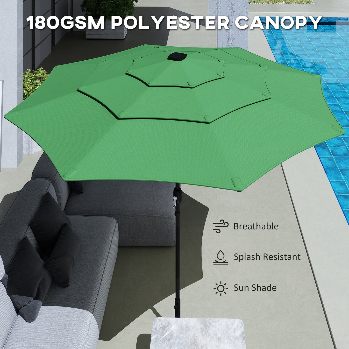 3 m Garden Parasol, Parasol Umbrella with 3-tier Roof, Crank Handle, Tilt Function, Polyester Canopy, Outdoor Table Umbrella for Patio, Garden, Green