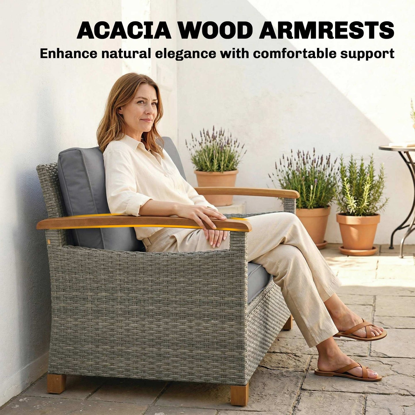 2 Seater Rattan Garden Sofa, Outdoor Sofa with Thickened Cushions and Acacia Wood Armrests, All Weather Small Rattan Garden Furniture Loveseat for Patio, Balcony, Porch, Dark Grey