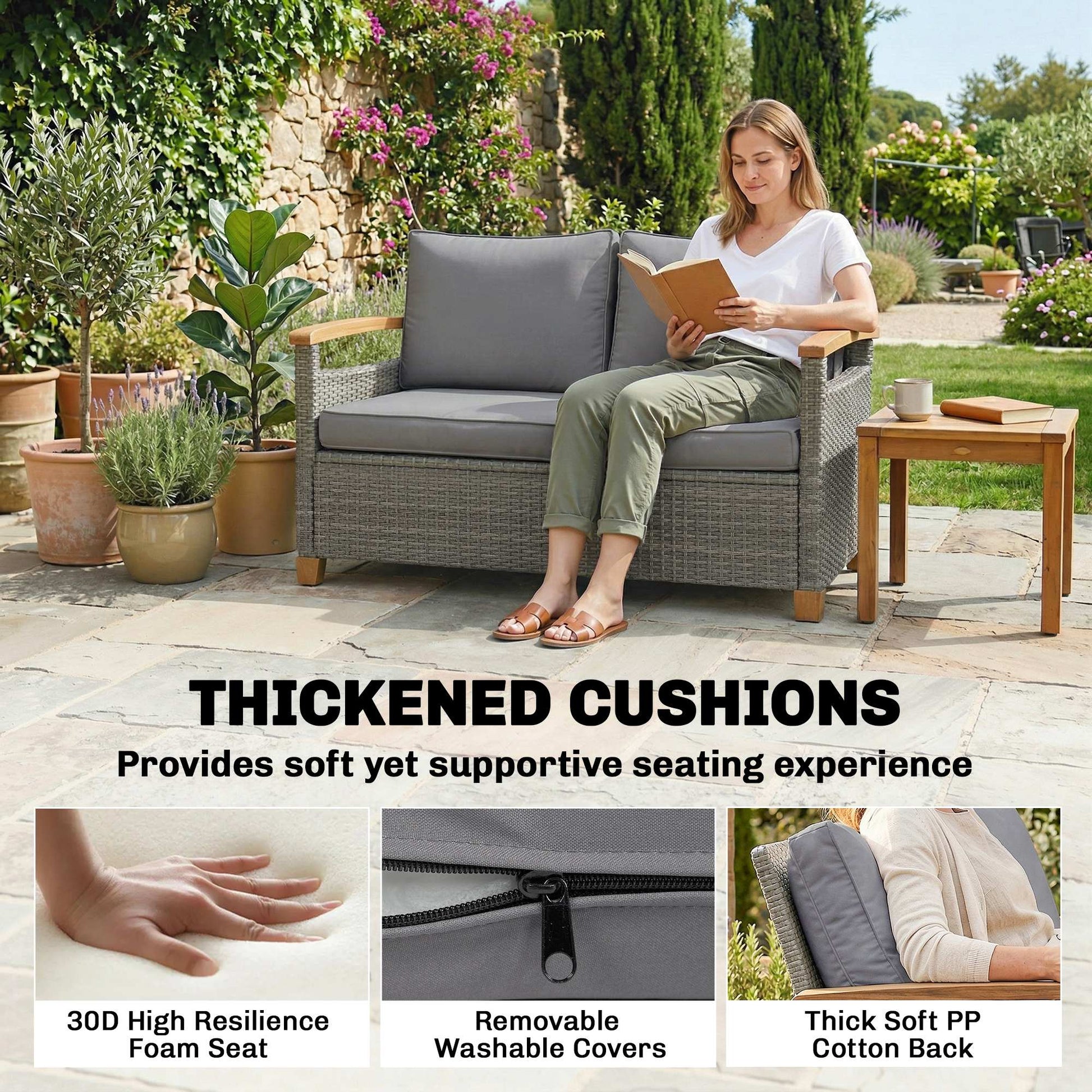 2 Seater Rattan Garden Sofa, Outdoor Sofa with Thickened Cushions and Acacia Wood Armrests, All Weather Small Rattan Garden Furniture Loveseat for Patio, Balcony, Porch, Dark Grey
