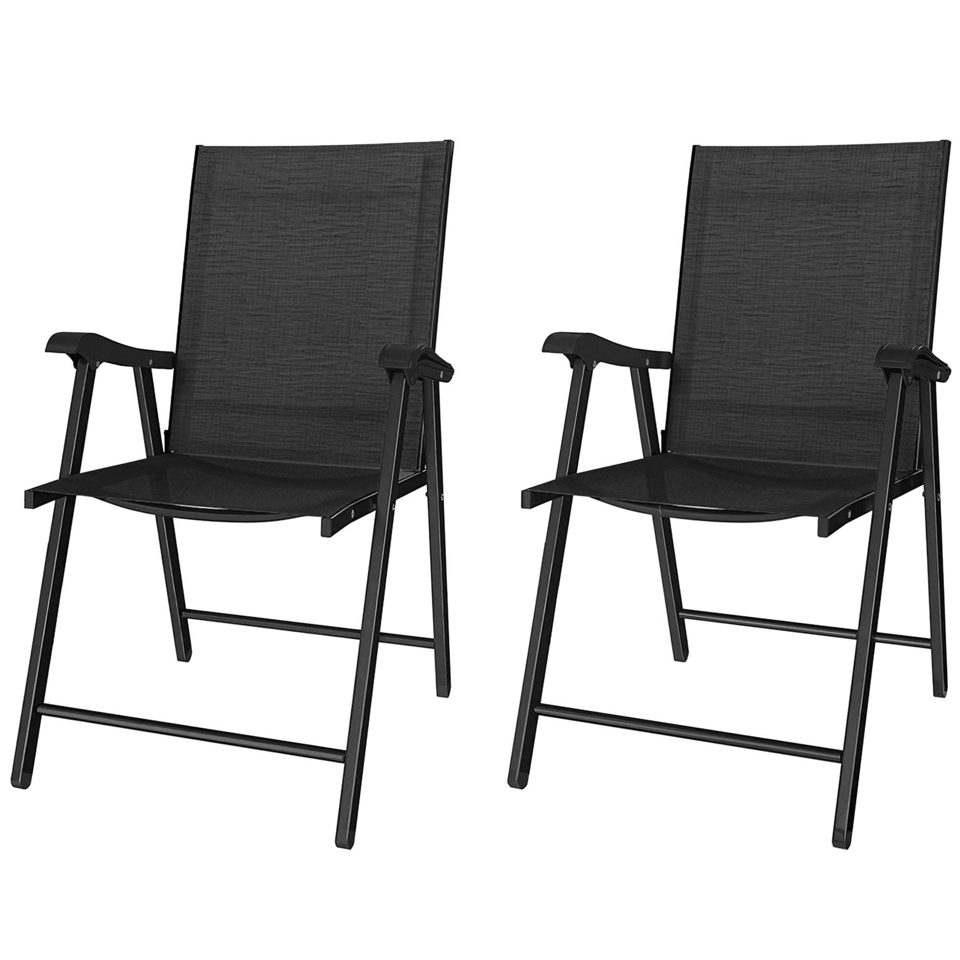 Folding Garden Chairs Set of 2, Foldable Garden Dining Chairs with High Back and Armrests, Breathable Texteline Folding Outdoor Chair Set with Metal Frame for Patio, Balcony, Black