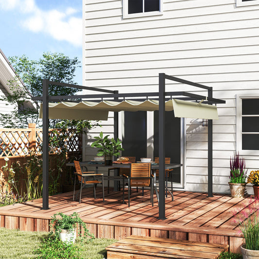 3 x 3(m) Pergola with Retractable Roof Canopy, Aluminium Frame Garden Gazebo Outdoor Sun Shade Shelter for Grill, Patio, Deck, Khaki