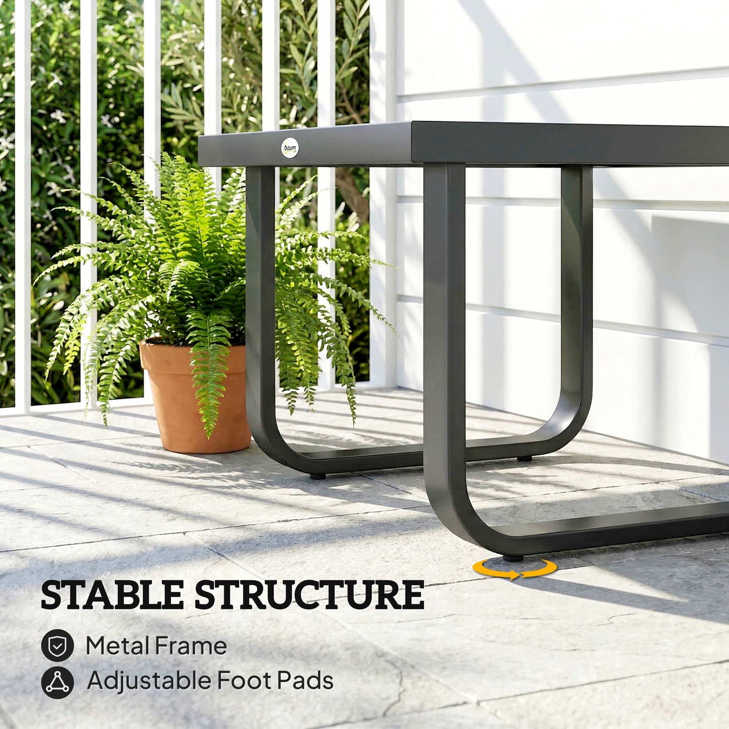Metal Garden Coffee Table, Outdoor Rectangle Side Table with Tempered Glass Tabletop and Adjustable Foot Pads for Terrace, Balcony, Patio, 45 x 45 x 33 cm, Black