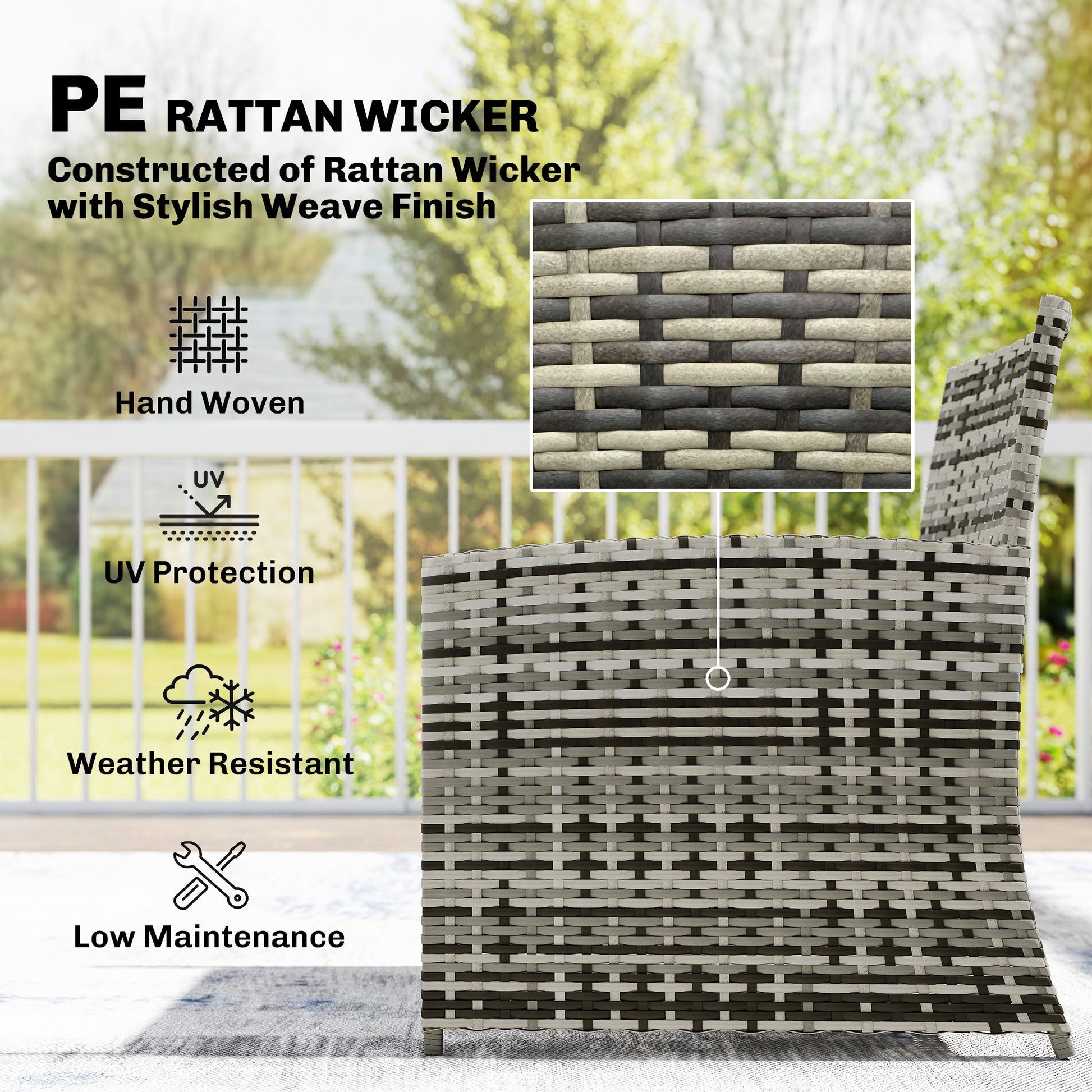 6 Piece Rattan Garden Furniture Set, Space-Saving Patio Furniture Conversation Set with 2 Nesting Tables, 2 Chairs, 2 Footstools, Wicker Outdoor Sofa with Cushions for Balcony Porch, Grey