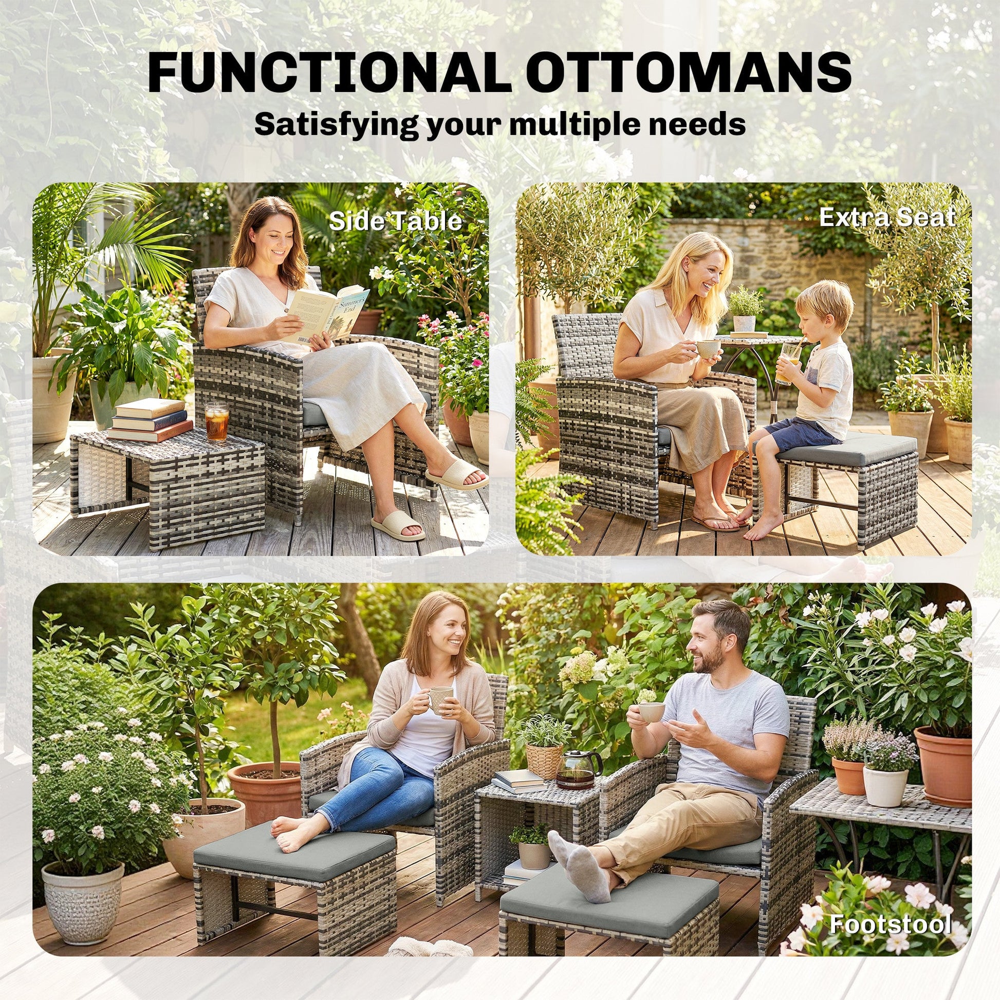 6 Piece Rattan Garden Furniture Set, Space-Saving Patio Furniture Conversation Set with 2 Nesting Tables, 2 Chairs, 2 Footstools, Wicker Outdoor Sofa with Cushions for Balcony Porch, Grey