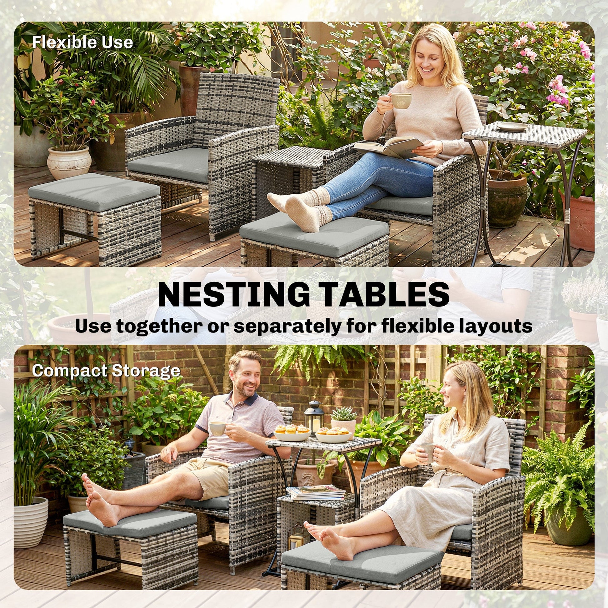 6 Piece Rattan Garden Furniture Set, Space-Saving Patio Furniture Conversation Set with 2 Nesting Tables, 2 Chairs, 2 Footstools, Wicker Outdoor Sofa with Cushions for Balcony Porch, Grey
