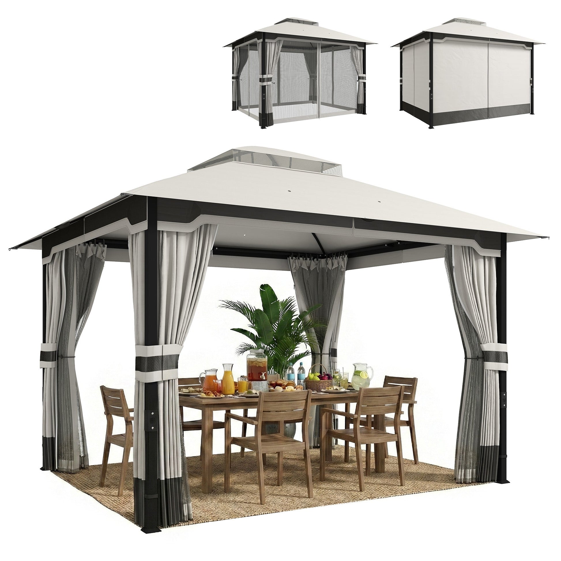 3 x 3.6 m Outdoor Garden Gazebo with Netting and Curtains, Double Roof Patio Gazebo Permanent Pavilion Canopy Shelter with Metal Frame, Drainage Holes, Light Grey