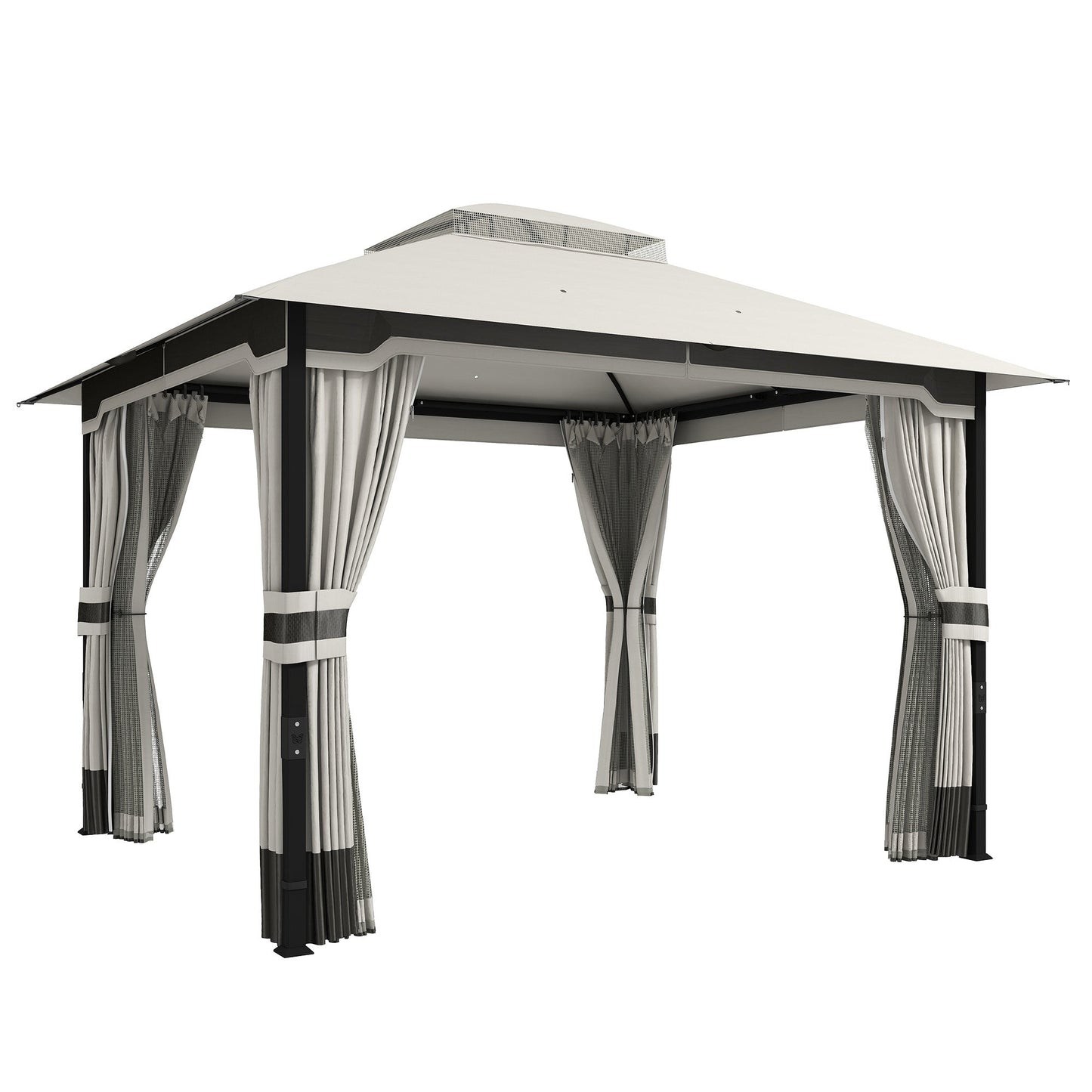 3 x 3.6 m Outdoor Garden Gazebo with Netting and Curtains, Double Roof Patio Gazebo Permanent Pavilion Canopy Shelter with Metal Frame, Drainage Holes, Light Grey