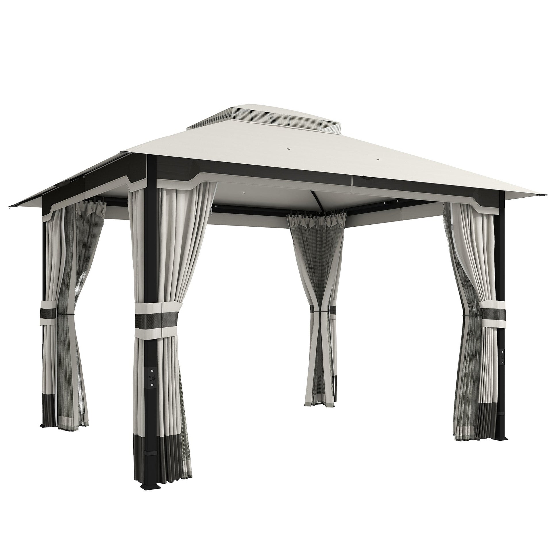3 x 3.6 m Outdoor Garden Gazebo with Netting and Curtains, Double Roof Patio Gazebo Permanent Pavilion Canopy Shelter with Metal Frame, Drainage Holes, Light Grey