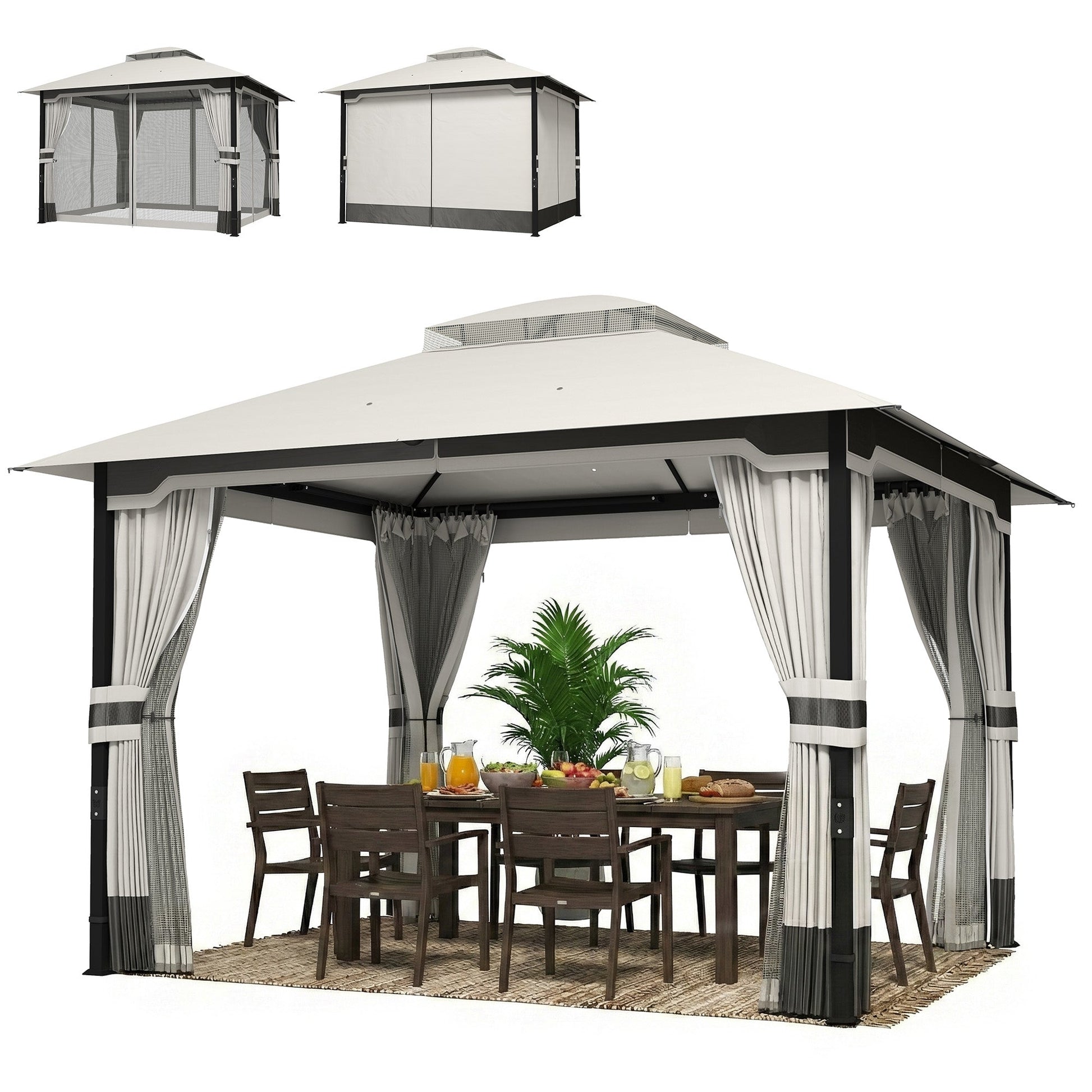 3 x 3.6 m Outdoor Garden Gazebo with Netting and Curtains, Double Roof Patio Gazebo Permanent Pavilion Canopy Shelter with Metal Frame, Drainage Holes, Light Grey