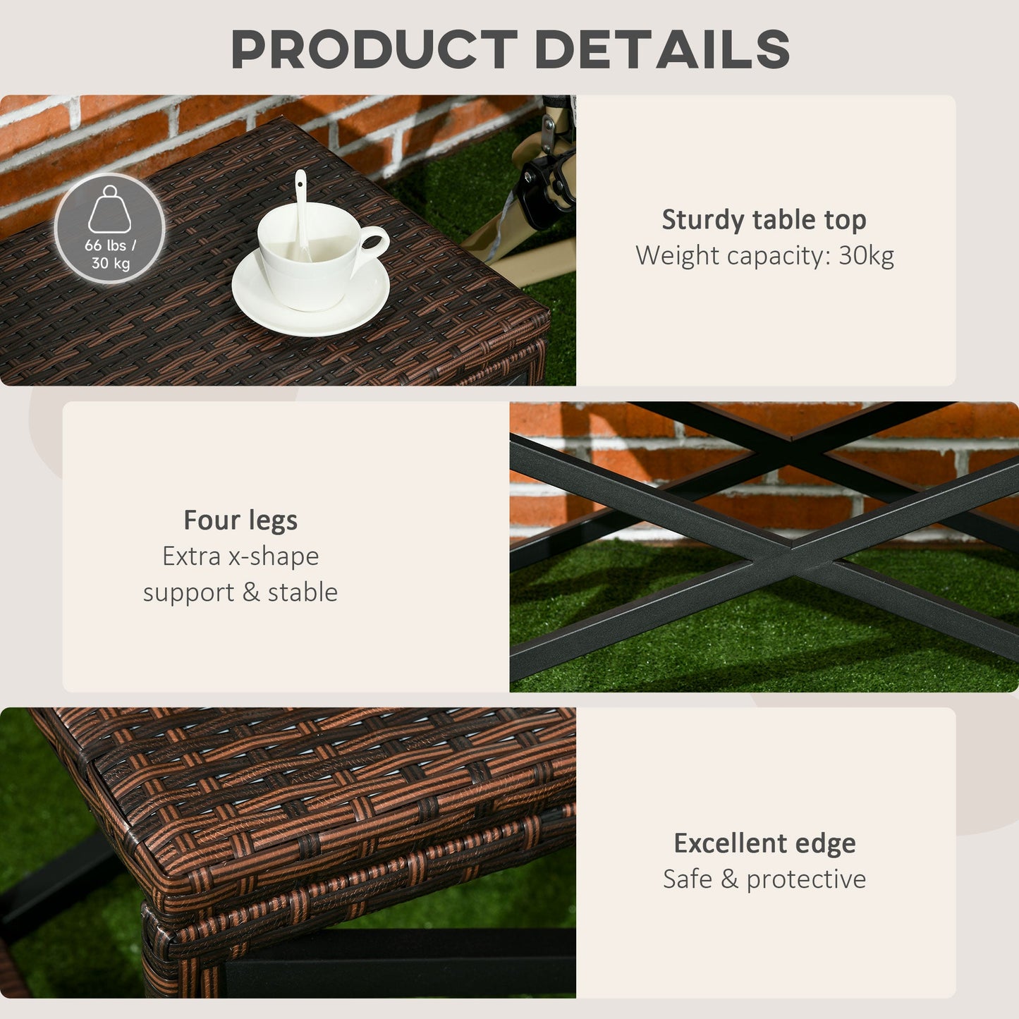 Outdoor Coffee Table, Garden PE Rattan Side Table with Plastic Board Under the Full Woven Table Top and X-Shape Frame for Patio, Balcony, Mixed Brown