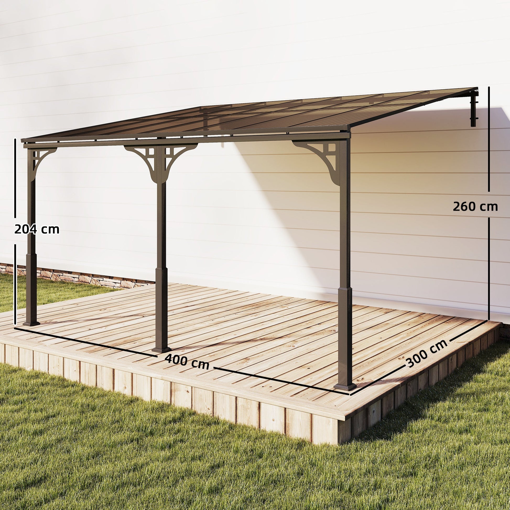 4 x 3 m Metal Lean-to Pergola, Wall-Mounted Garden Pergola with Polycarbonate Roof and Metal-Aluminium Frame, Heavy Duty Hardtop Gazebo for Outdoor Patios, BBQ, Brown