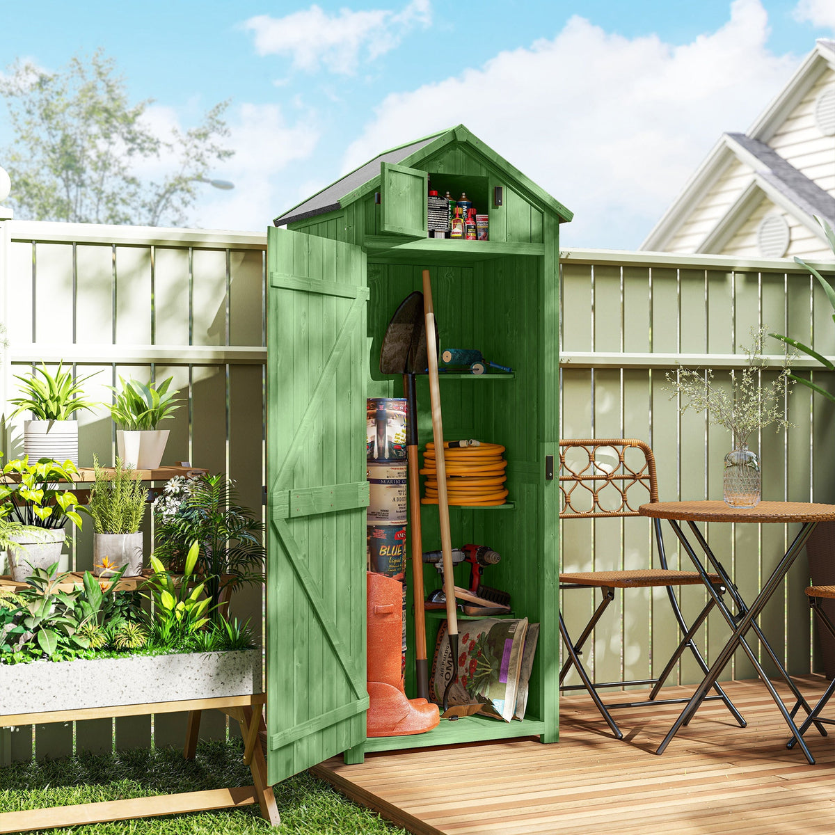 Wooden Outdoor Storage Cabinet with Shelves Tilt Roof & Lockable Double Doors Dark Green