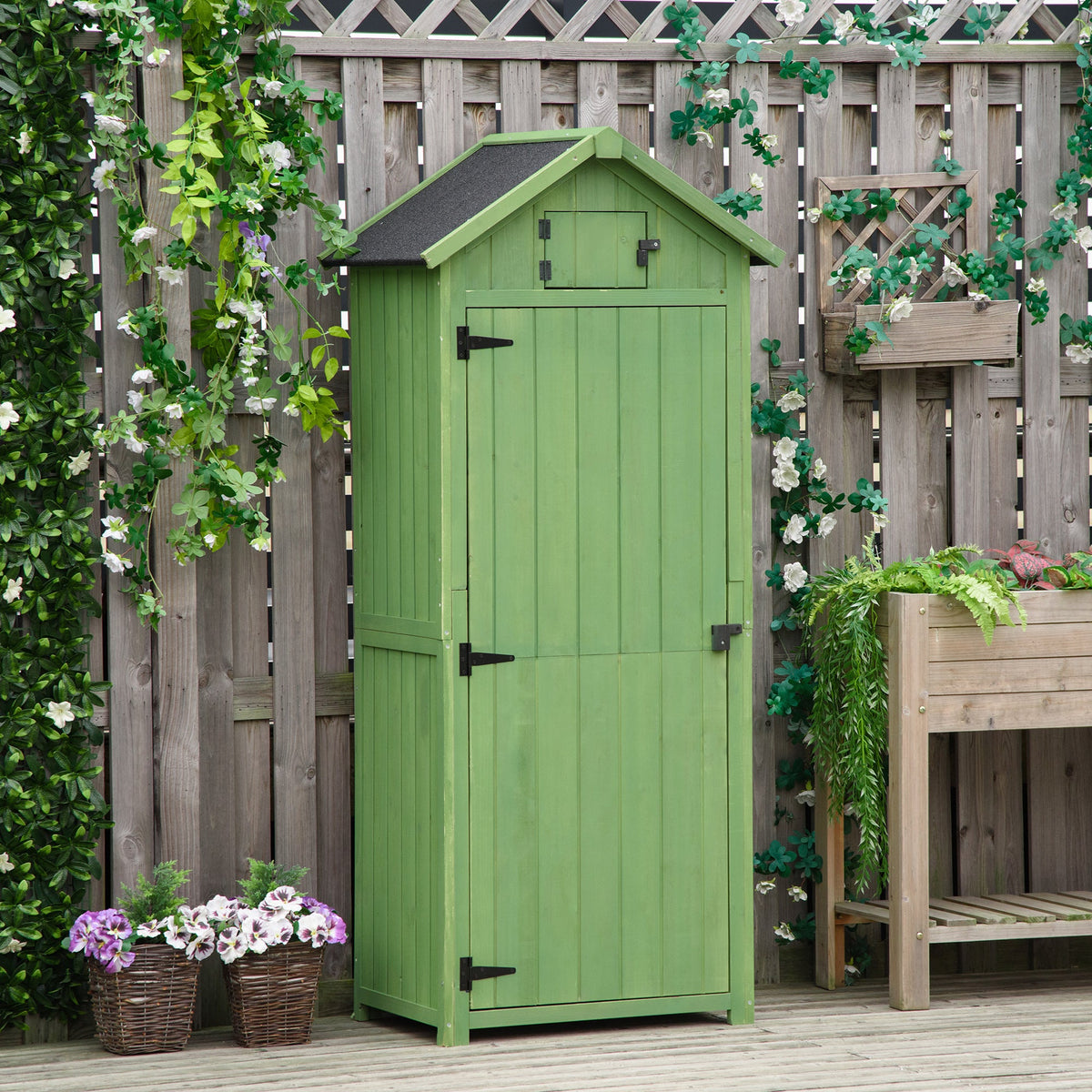 Wooden Outdoor Storage Cabinet with Shelves Tilt Roof & Lockable Double Doors Dark Green