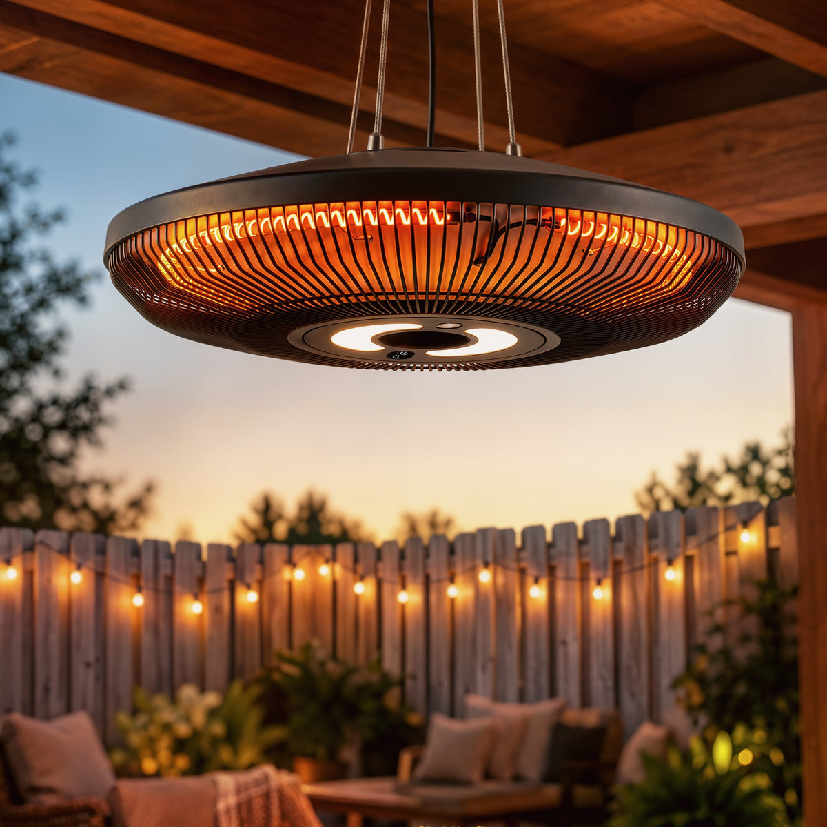 Hanging Electric Patio Heater with LED Light, 1000/2000 W IP65 Waterproof Ceiling Mounted Outdoor Infrared Heater with Touch/Remote Control, 24-Hour Timer, Black