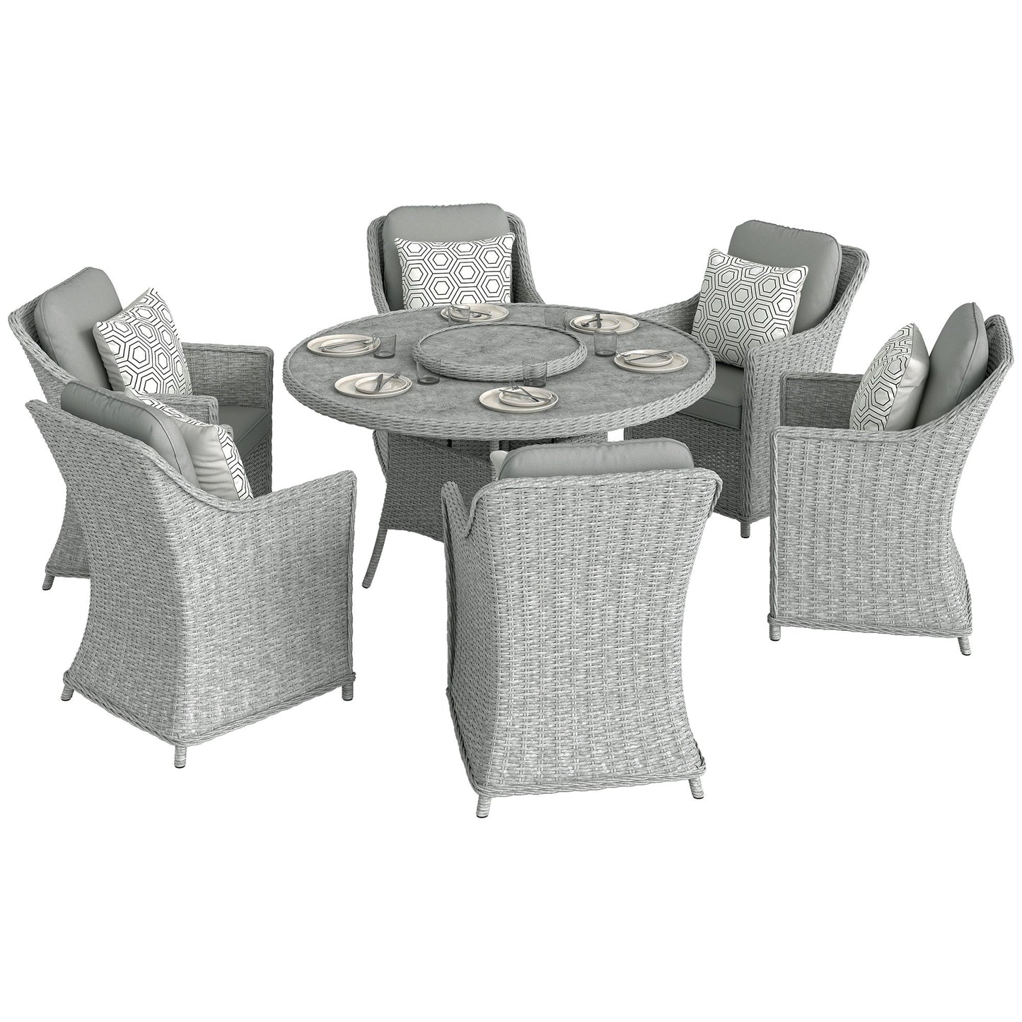 6 Seater Rattan Garden Dining Set with Lazy Susan, Round Garden Table and Chairs with Marble Effect Glass Table, Cushions and Pillows, Aluminium Frame Outdoor Furniture Set for Patio, Grey