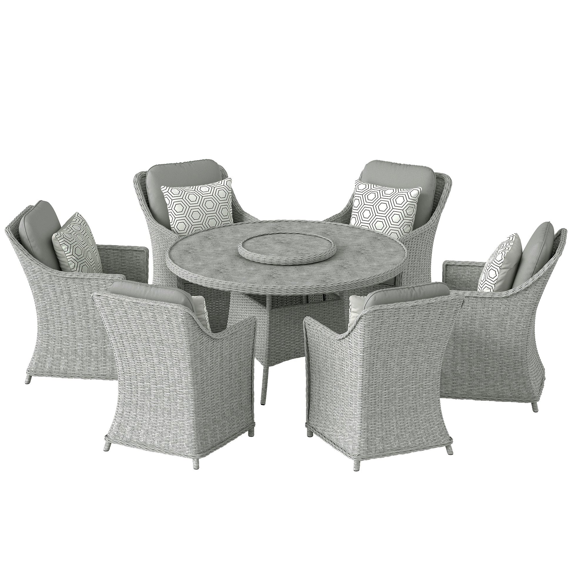 6 Seater Rattan Garden Dining Set with Lazy Susan, Round Garden Table and Chairs with Marble Effect Glass Table, Cushions and Pillows, Aluminium Frame Outdoor Furniture Set for Patio, Grey