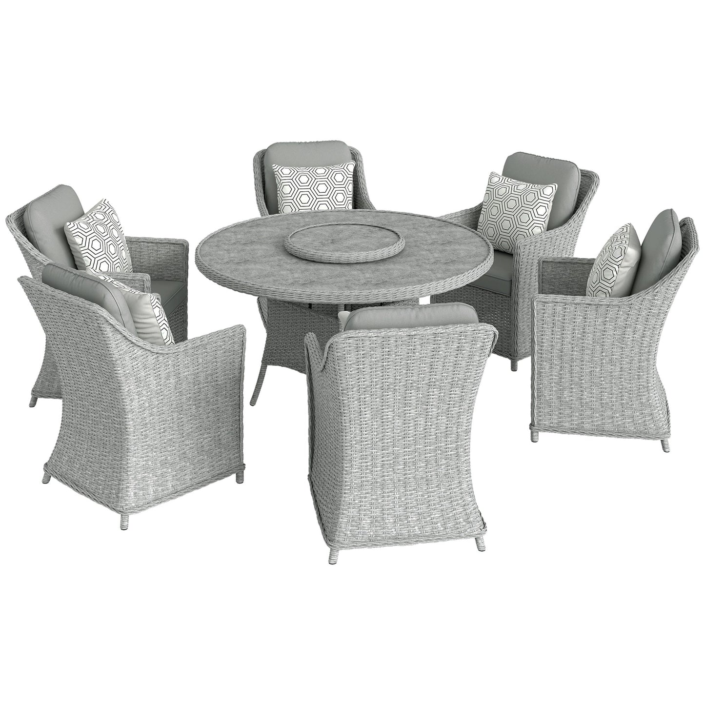 6 Seater Rattan Garden Dining Set with Lazy Susan, Round Garden Table and Chairs with Marble Effect Glass Table, Cushions and Pillows, Aluminium Frame Outdoor Furniture Set for Patio, Grey