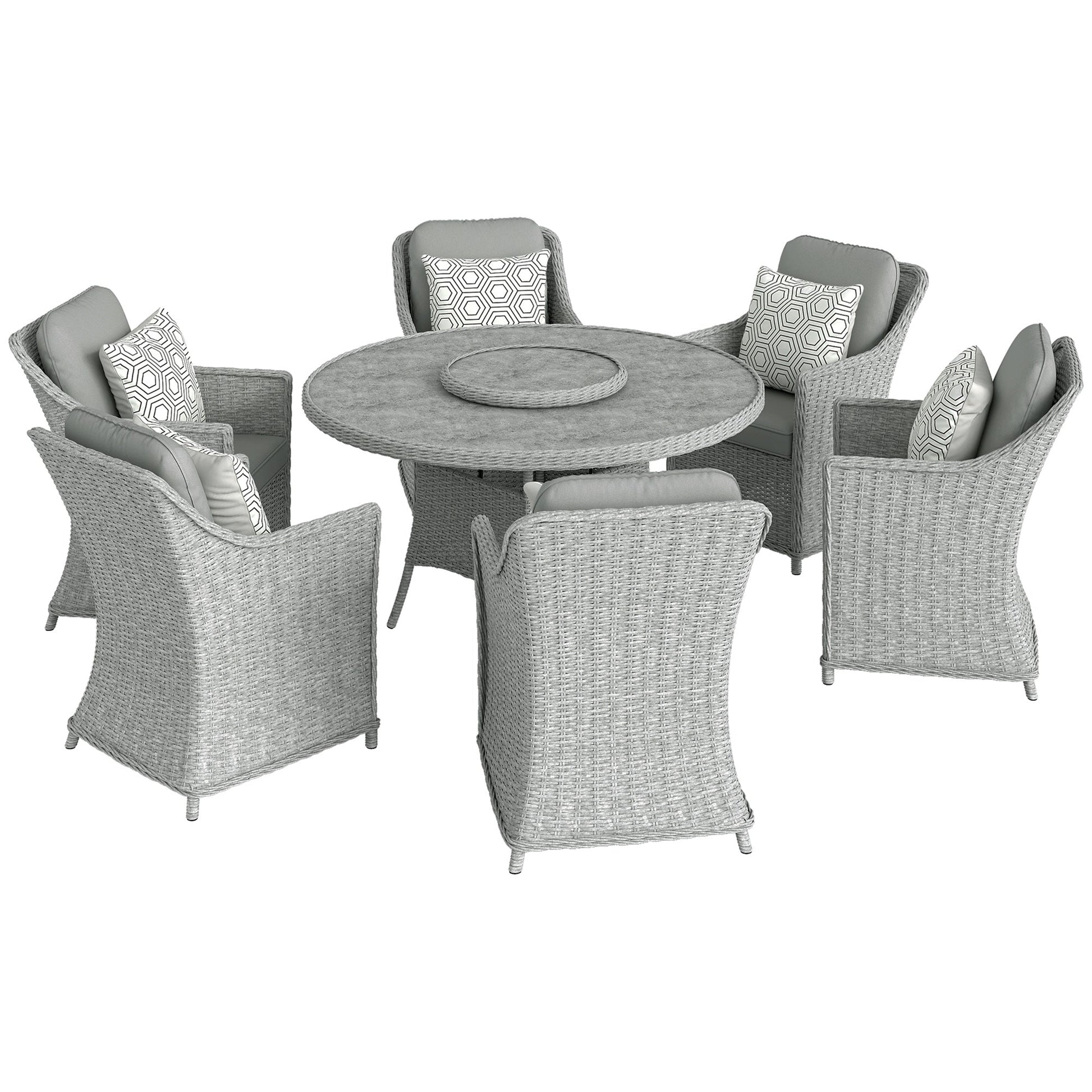 6 Seater Rattan Garden Dining Set with Lazy Susan, Round Garden Table and Chairs with Marble Effect Glass Table, Cushions and Pillows, Aluminium Frame Outdoor Furniture Set for Patio, Grey