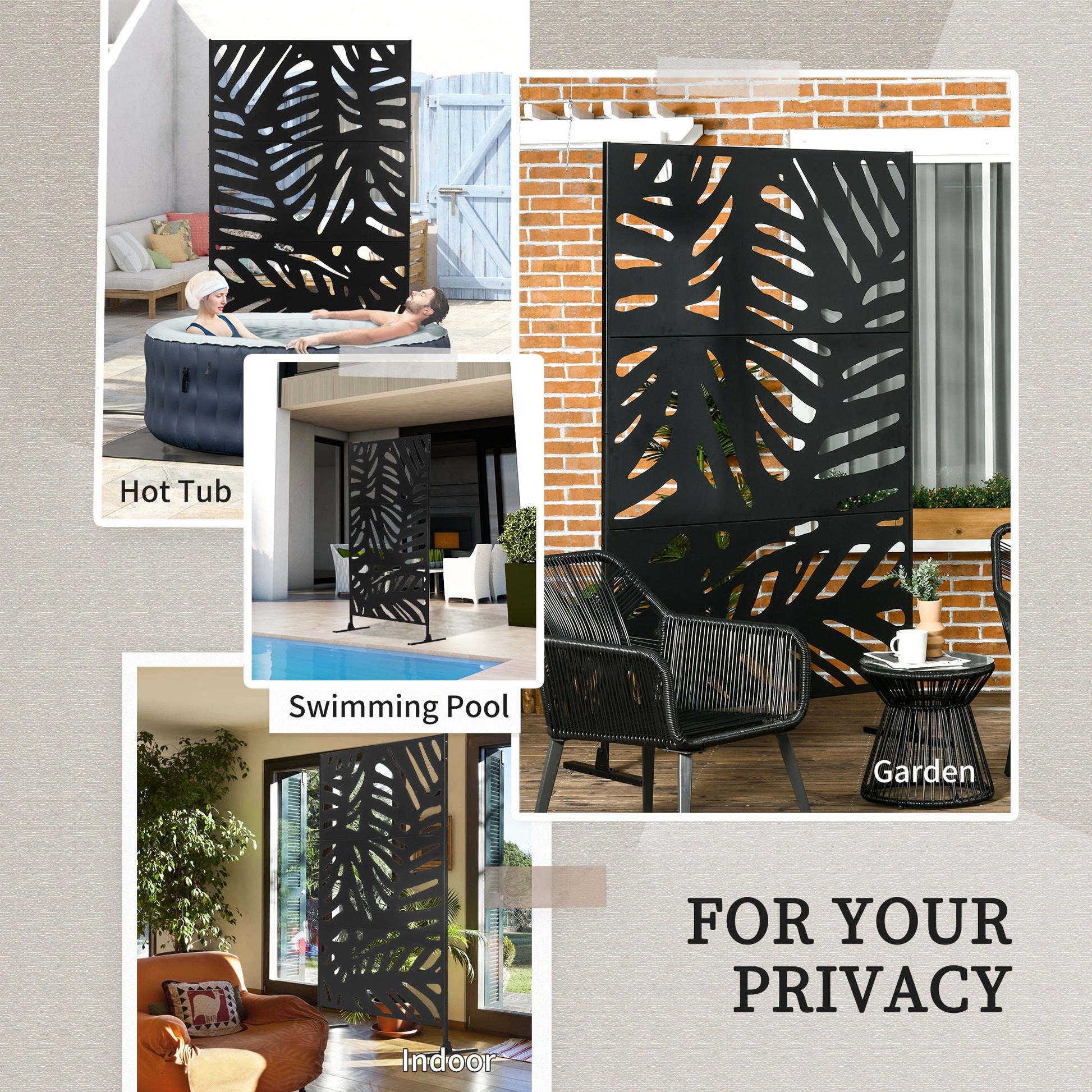 Decorative Garden Privacy Screen with Stand, 6.5FT Freestanding Metal Outdoor Divider, Decorative Privacy Panel with Expansion Screws for Garden Pool Hot Tub, Large Leaves Style, Black