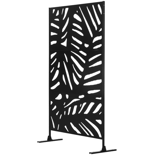 Decorative Garden Privacy Screen with Stand, 6.5FT Freestanding Metal Outdoor Divider, Decorative Privacy Panel with Expansion Screws for Garden Pool Hot Tub, Large Leaves Style, Black